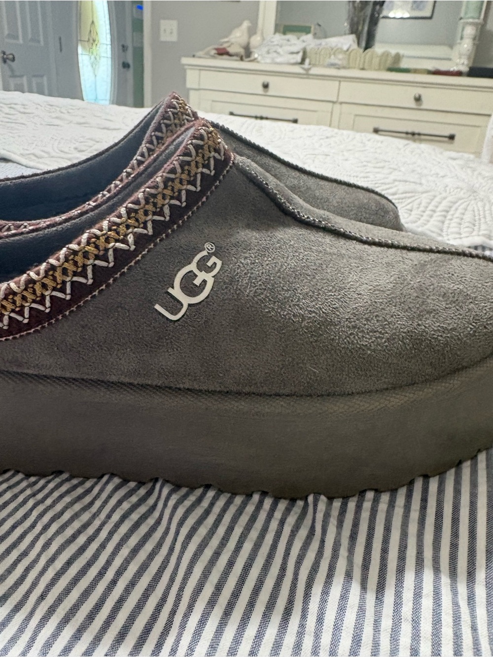 UGG Gray Suede Slip-On Clog with Decorative Trim